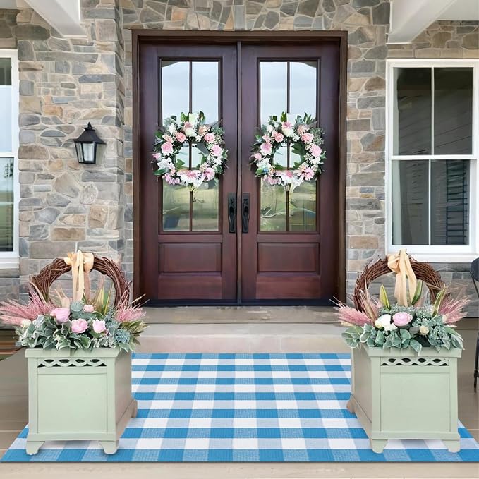 Ckorzen Blue and White Plaid Rug, 4' x 6' Spring Outdoor Front Porch Door Decor Mat, Washable Cotton Woven Farmhouse Area Rug for Layered Door Mats Carpet, Entryway, Easter Décor