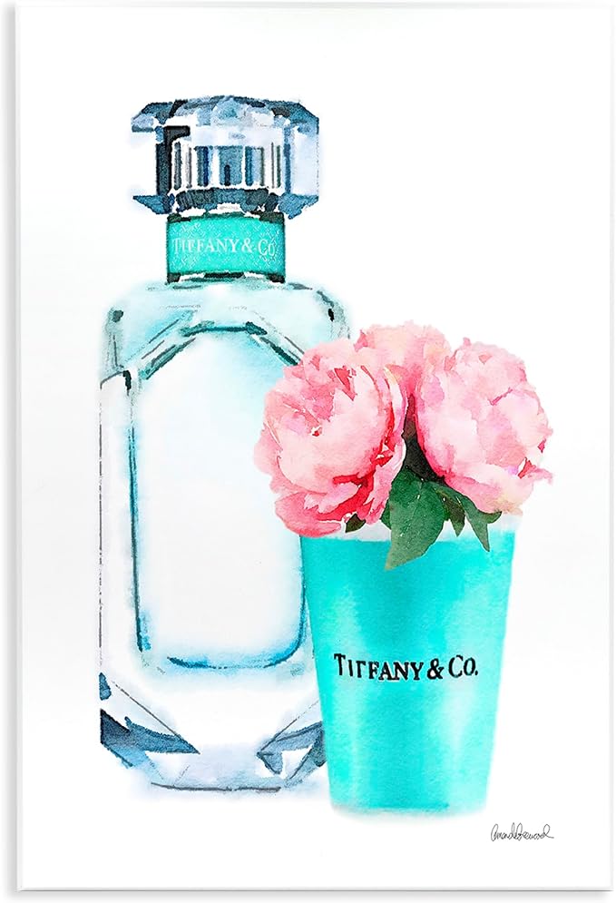 Teal Perfume Bottle and Peonies, 10 x 15 Inch Mounted Print on Wall Plaque | Stupell Industries · By Amanda Greenwood · Ready to hang · Made in USA