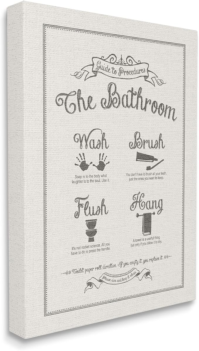 Stupell Industries Guide To Bathroom Procedures Linen Look Stretched Canvas Wall Art, Proudly Made in USA | Stupell Industries · By Lettered and Lined · Ready to hang · Clean diagram style for bathroom decor · Made in USA