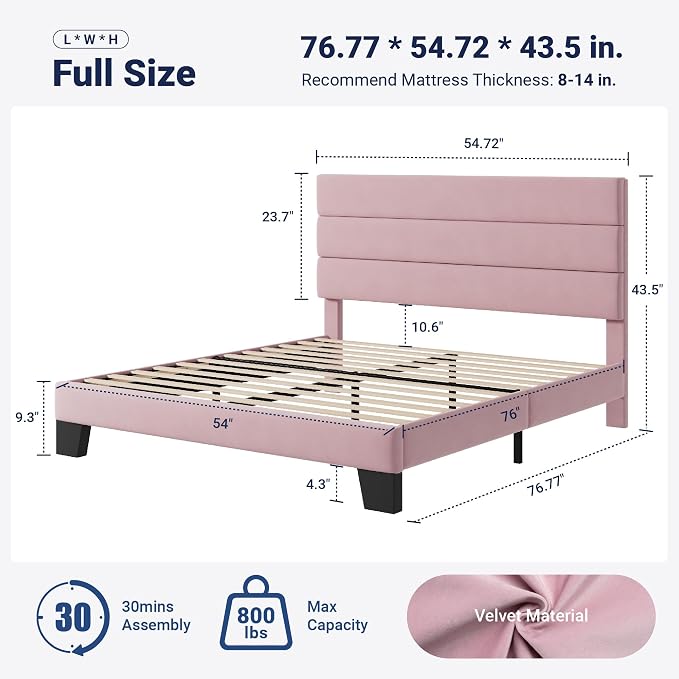 Allewie Full Size Platform Bed Frame with Velvet Upholstered Headboard Pink | Wooden Slats Support, Fully Upholstered Mattress Foundation, No Box Spring Needed, Easy Assembly, Noise-Free, Pink