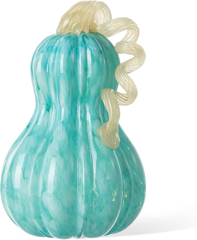 Glitzhome Hand Blown Glass Pumpkin Decor 8.5" Turquoise - Artisan Fall Harvest Thanksgiving Table Centerpiece Halloween Home Decor