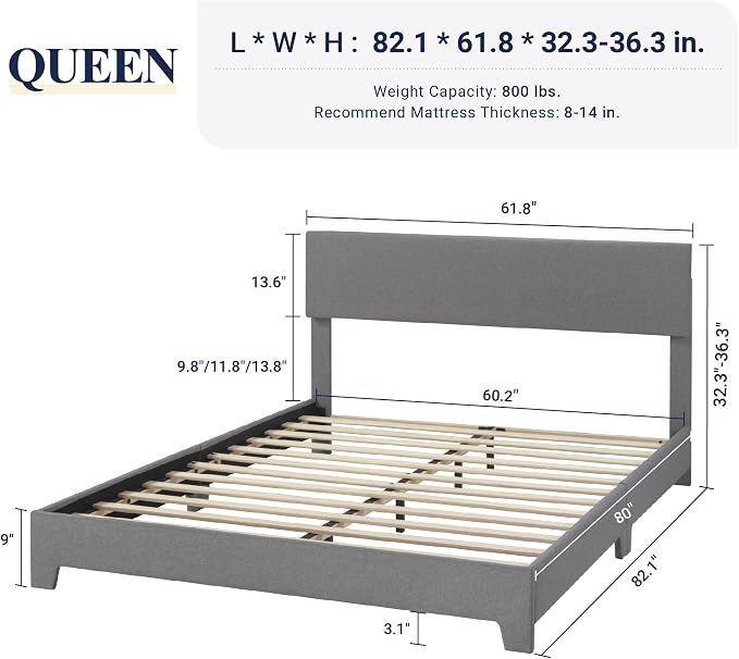 Allewie Queen Size Upholstered Bed Frame Adjustable Headboard, Light Grey | Platform Bed with Heavy Duty Mattress Foundation, Noise-Free, Easy Assembly, Wood Slat Support, No Box Spring Needed