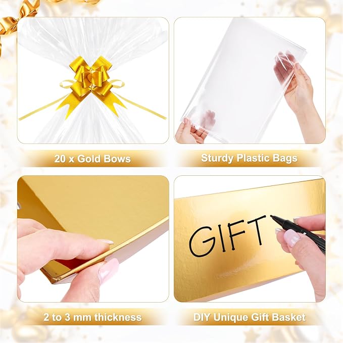 20PACK Gold Baskets for Gifts Empty, 12x10x4” Thick Cardboard Gift Basket Kit with 20 Bows & 20 Bags - Kraft Empty Gift Baskets for Christmas, Weddings, Birthdays, Bulk Gifting