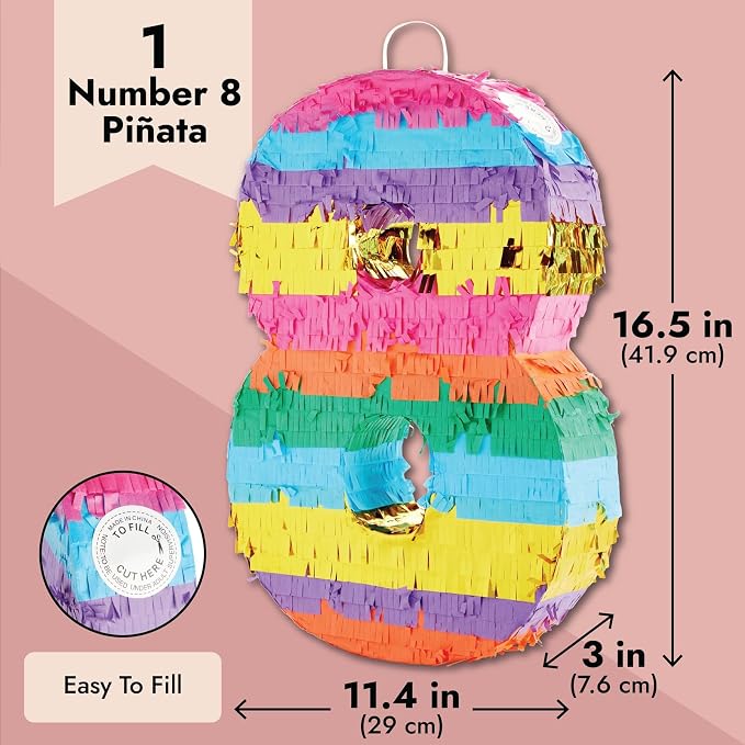 BLUE PANDA 8 Pinata - Small Multicolor, 11.4 x 16.5 x 3 In - Neon Rainbow Pinata in Shape of 8 for Girls Birthday Party