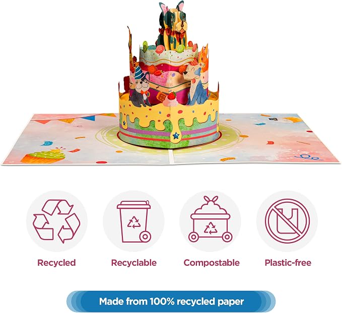 Paper Love Birthday Pop Up Cards 2 Pack - Includes 1 Happy Birthday and 1 Dogs Birthday Cake, For Adults or Kids -8" x 6" Cover - Includes Envelope and Note Tag
