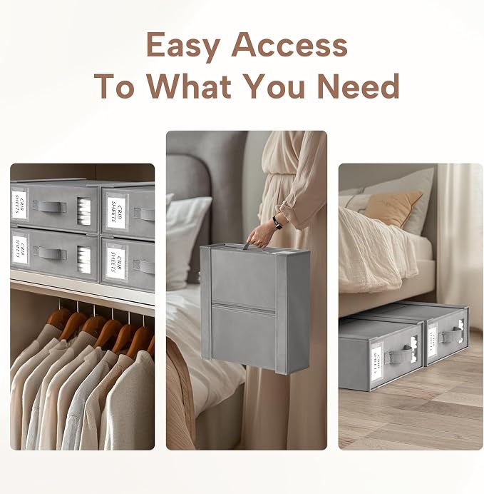 Criusia Bed Sheet Organizers and Storage, 4 Pack Foldable Linen Closet Organizers – Bedding Holder for Sheet Set (King/Queen Sizes), Duvet Covers, Blankets (Grey)
