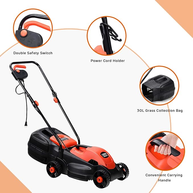Happygrill Lawn Mower 13-Inch Electric Lawn Mower, Handle Push Corded Lawn Mowers with Grass Bag, Folding Handle, Adjustable Cutting Height for Garden Yard, 12 Amp,Red