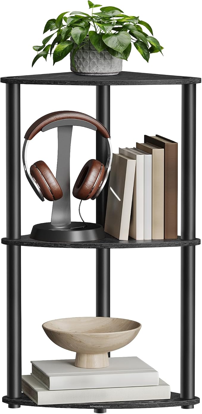 SONGMICS HOME Superfast Toolless Assembly, Corner Shelf Stand, 3-Tier Corner Standing Shelf, Living Room, Bedroom, Kitchen, 15 x 10.6 x 27.8 Inches, Ink Black ULBC620B01