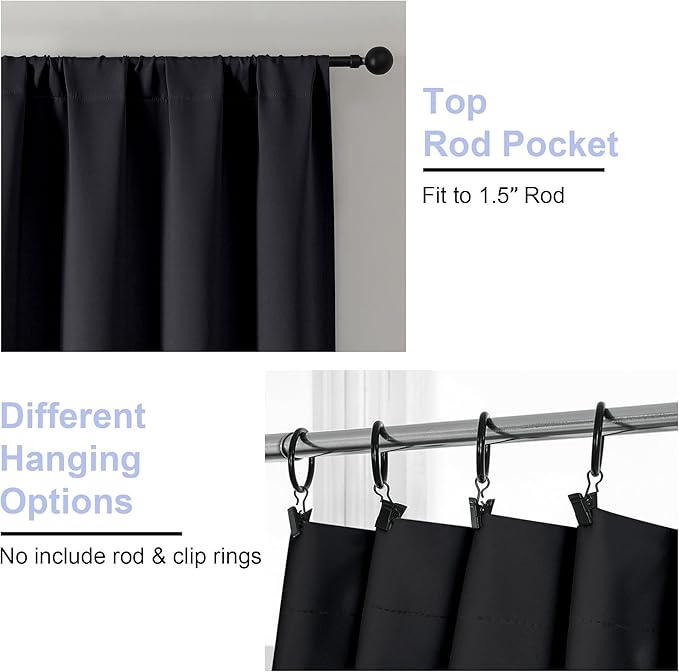 Simplebrand Ava Halloween Black Blackout Curtains for Bedroom 96 Inches Long 2 Panels, Solid Thermal Insulated, Energy Saving Living Room Window Treatment Curtains Blackout Drapes, W40 x L96 Inch