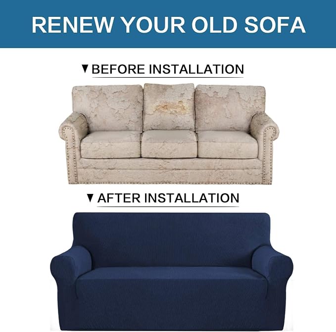 H.VERSAILTEX Stretch Couch Covers for Sofa 1 Piece Slipcovers for Couches and Sofas 3 Seater Couch Cover Feature Thick Checked Jacquard Fabric with Elastic Bottom(Large Sofa 90"-100" Wide, Navy)