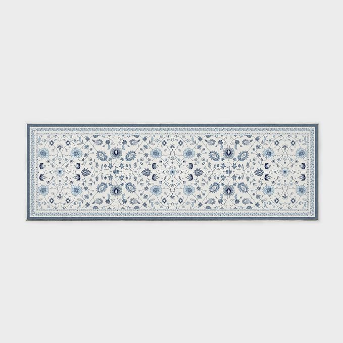 EVERGRACE Hallyway Area Runner Rugs 2x6, Boho Floral Faux Wool Indoor Outdoor Rugs, Washable Rugs for Bedroom Bathroom Living Room Kitchen, Low Pile Floor Mat Carpet for Home Decor, Porcelain Blue
