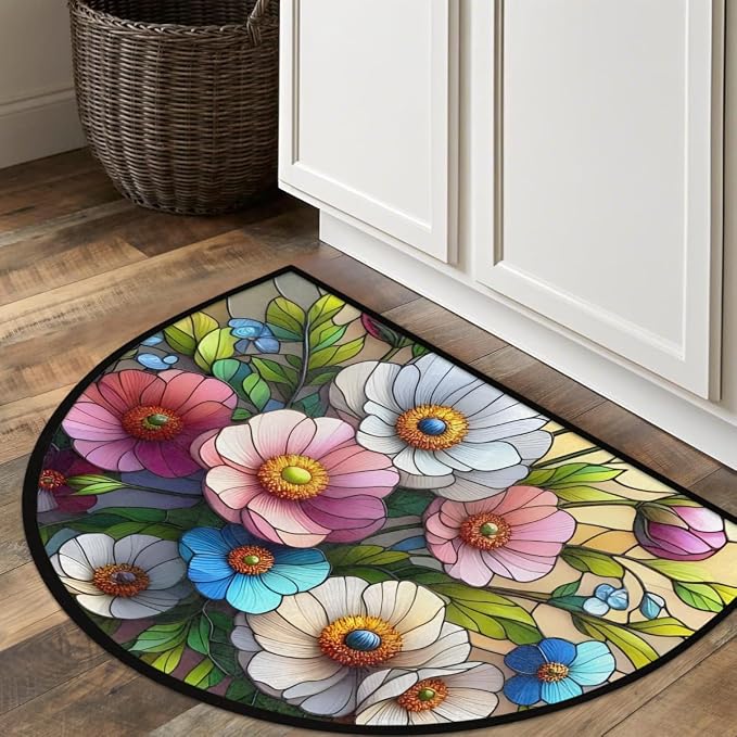 Flower Half Round Doormat Semi Circle Rug Half Moon Rug Entryway Mat | Spring Floral Washable Non Slip Outdoor Floor Rug Kitchen Mat for Indoor Outdoor Bathroom Fireplace Bath Decor