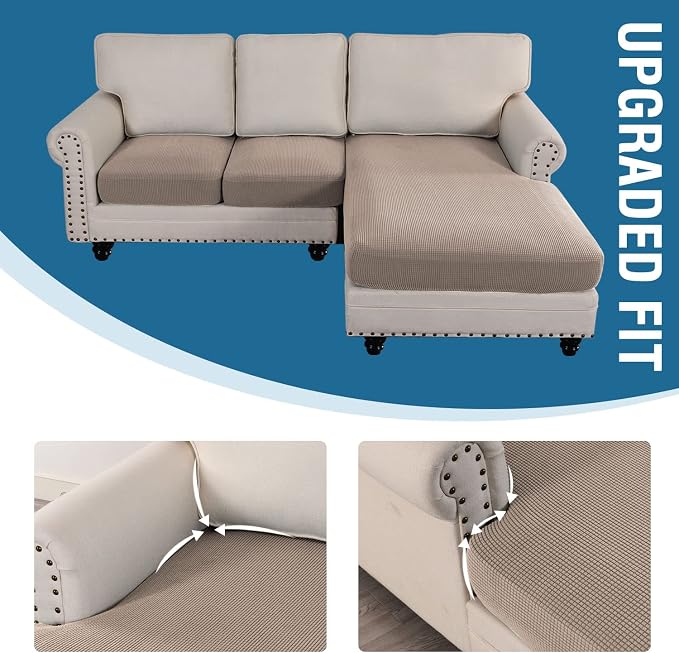 H.VERSAILTEX Sectional Couch Covers 3 Pieces Sofa Seat Cushion Covers L Shape Separate Cushion Couch Chaise Cover for Both Left/Right Sectional Couch (Seat Only: 1 Chaise + 2 Sofa, Sand)