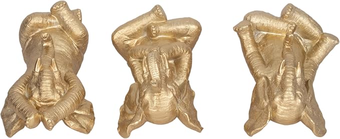 Resin Elephant Figurines Statue Set – Room Decor Accent Trio, Shelf, Desk, or Nightstand Placement – Meditation Pose Symbol of Wisdom and Calm, Home Decor – 8", Gold Finish