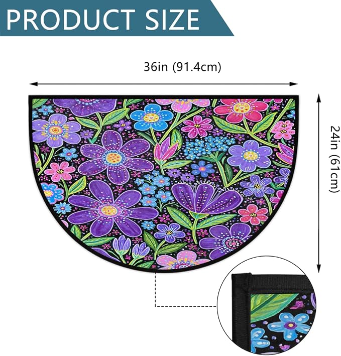 Daisy Half Round Door Mat Semi Circle Rug Half Moon Doormat | Soft Washable Colorful Purple Welcome Entrance Mat for Outdoor Indoor Floor Bedroom Bathroom Home Kitchen Festival Decor