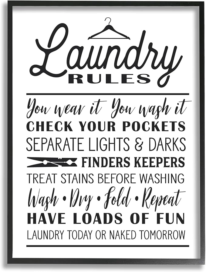 Stupell Industries 'Laundry Rules with Hanger Typography', Framed Giclee Art, Black, 24 x 30 Inches, Easy to Hang and Sturdy, Made in USA, by Lettered and Lined