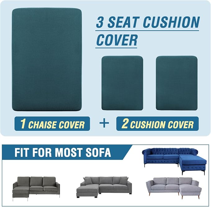 H.VERSAILTEX Sectional Couch Covers 3 Pieces Sofa Seat Cushion Covers L Shape Separate Cushion Couch Chaise Cover for Both Left/Right Sectional Couch (Seat Only: 1 Chaise + 2 Sofa, Deep Teal)