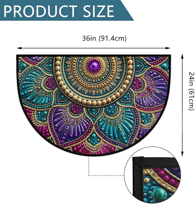 Mandala Half Round Door Mat Semi Circle Rug Half Moon Doormat | Soft Washable Beautiful Ethnic Welcome Entrance Mat for Outdoor Indoor Floor Bedroom Bathroom Home Kitchen Festival Decor