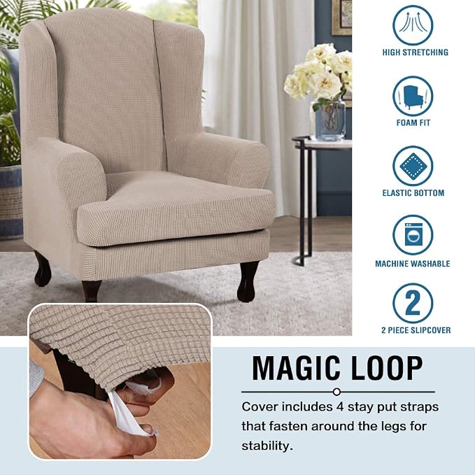 H.VERSAILTEX 2 Piece Stretch Jacquard Wingback Chair Covers Slipcovers Wing Chair Covers (Base Cover Plus Seat Cushion Cover) Furniture Covers for Wingback Chairs, Form Fitted Thick Soft, Sand