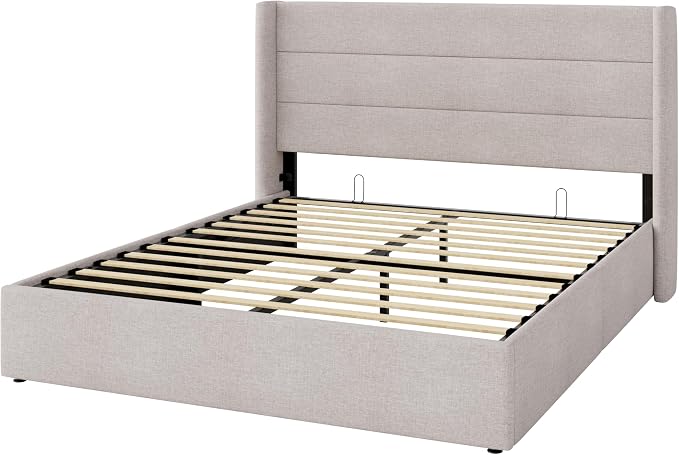 Allewie Full Size Lift Up Hydraulic Storage Bed Frame Light Beige | Modern Wingback Headboard, Hydraulic Support Storage, No Box Spring Needed