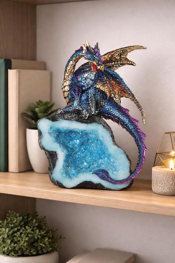 ICE Armor 5.5" H Colorful Dragon Guarding Blue Faux Crystal Cave Statue Fantasy Decoration Figurine