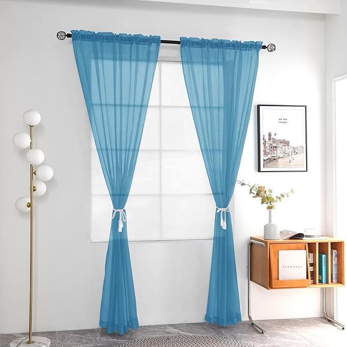 youleyar Solid Sheer Rod Pocket Curtain Voile Draperies 2 Panels White Beige Black Grey Ivory 52 Inch Width 84 Inch Long 1 Pair for Kitchen Bedroom Children Living Room Yard (Blue,52Wｘ84L)