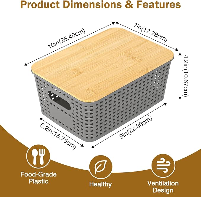 Stackable Storage Baskets: 8 Pack Plastic Baskets Bins, Gray | Decorative Baskets for Organizing, Pantry Decorative Containers for Closets, Cabinets, Shelves