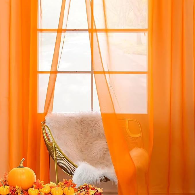 youleyar Solid Sheer Rod Pocket Curtain Voile Draperies 2 Panels Orange Beige Black Grey Coffee 38 Inch Width 63 Inch Long 1 Pair for Kitchen Bedroom Children Living Room Yard(Orange,38Wｘ63L)