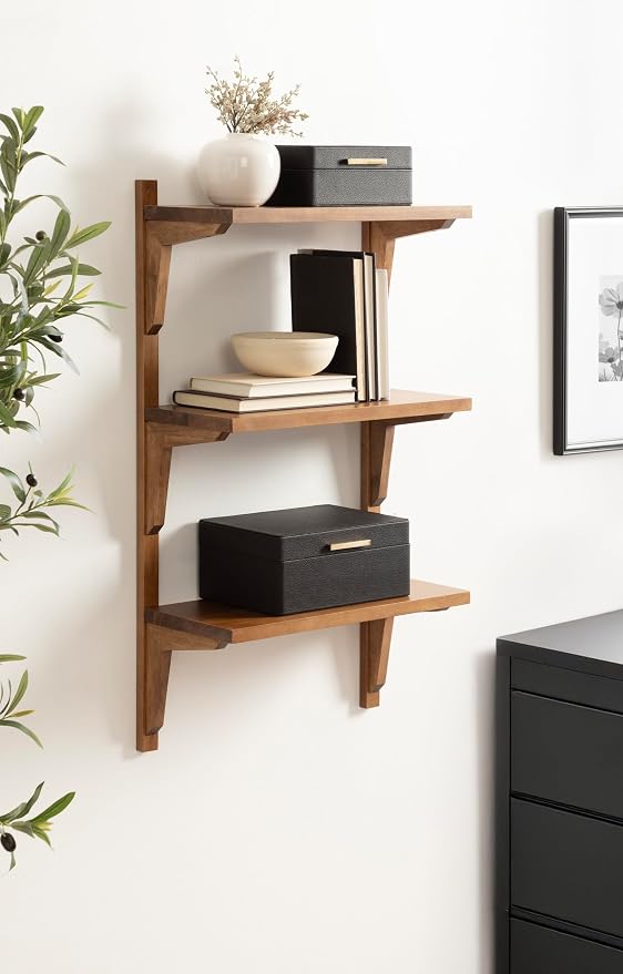 Kate and Laurel Meridien Modern Three-Tier Wooden Shelves, 18 x 9 x 32, Rustic Brown, Stunning Tiered Wall Shelf for Storage and Display as Cute Nursery Shelving or Bedroom Storage