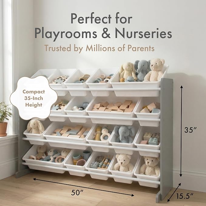 Humble Crew Kids Toy Organizer with 20 Bins, 4 Tier Storage for Playroom | Sturdy wood and steel toddler shelf, removable BPA-free containers, wall anchor anti-tip safety kit for bedroom or classroom