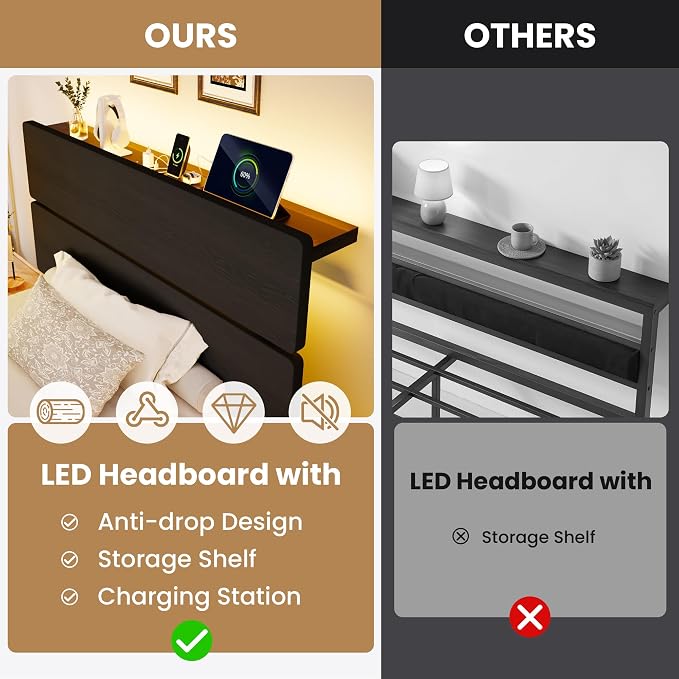 SHA CERLIN Twin Size Bed Frame, Led Light, Charging Station, Storage Shelf | Wooden Headboard, Heavy Duty Slats Support, Metal Platform Bed, Under Bed Storage, No Box Spring Needed, Noise Free, Black