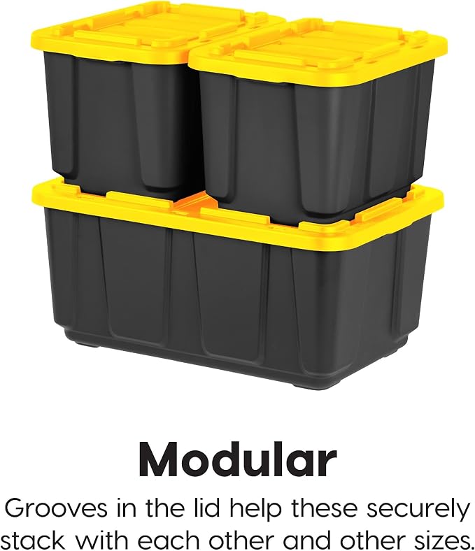 IRIS USA 2-Pack 27 Gal Heavy Duty Storage Tote Bins with Lids, Black/Yellow | Large-capacity design handles moving, camping gear and bulky equipment, Stackable shape maximizes garage storage