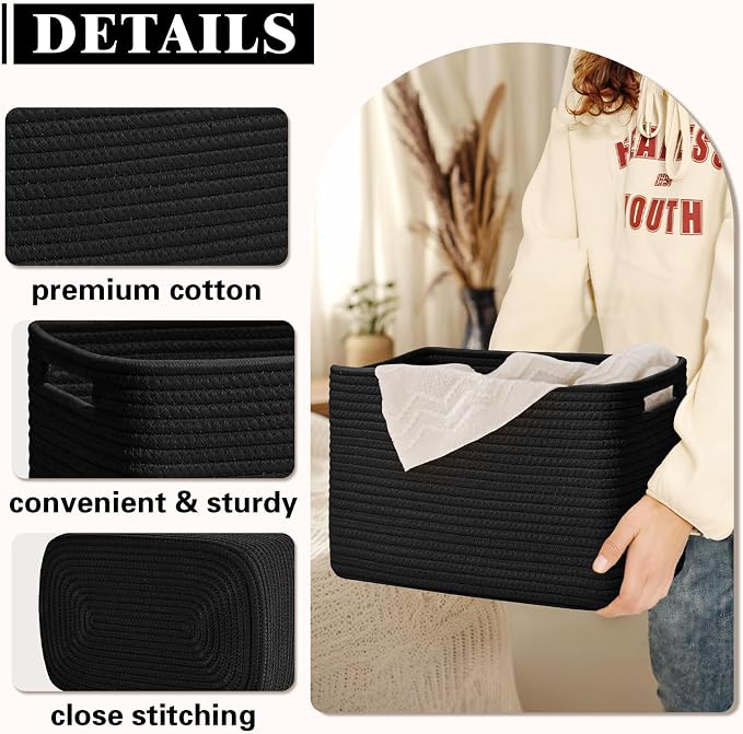 Storage Baskets for Organizing, 4 Pack Baskets for Shelves, Decorative Storage Bins for Shelves, Cotton Rope Storage Basket with Handles, Woven Basket for Storage, 13''Lx8.7''Wx7.9''H, Black