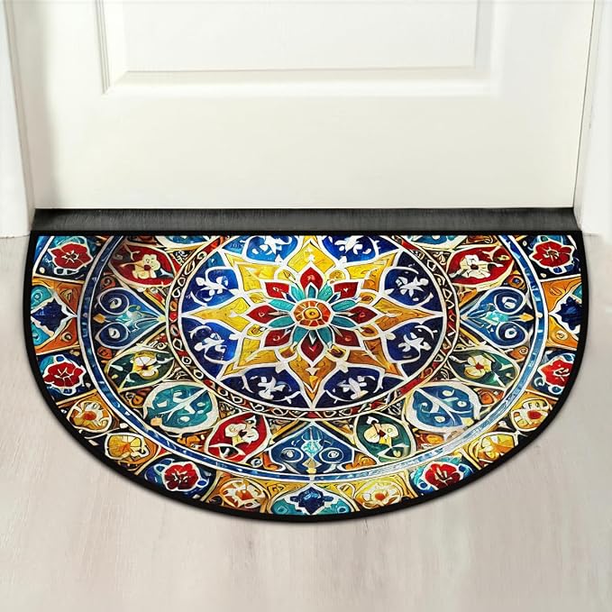 Half Round Doormat Mandala Ethnic Boho Washable Semi Circle Mat Non Slip Absorbent Half Moon Rugs for Indoor Outdoor Entrance Kitchen Bathroom Bedroom Patio Fireplace Floor Carpet Decor