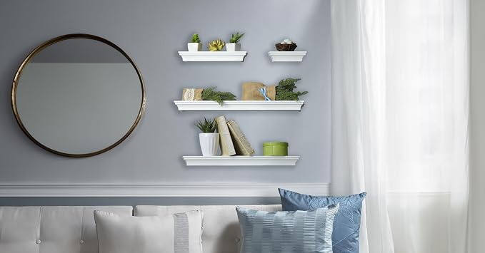 MELANNCO Floating Wall Shelves Set of 4, White Wood Display Shelves for Wall, Includes 6, 12, 20 and 24 Inch Sizes with Raised Edges and Mounting Hardware for Room Decor, Home Decor