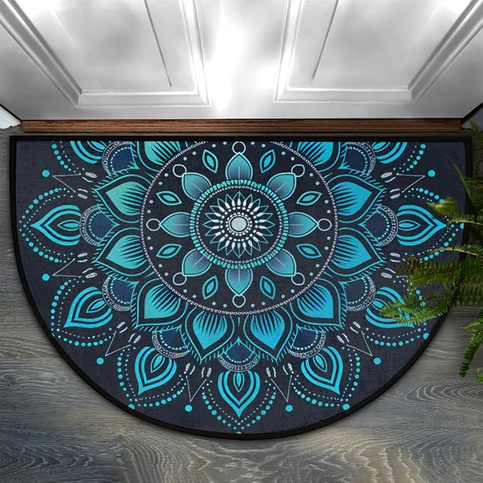 Pardick Half Round Doormat Semi Circle Rug Blue Mandala Elegant Non Slip Indoor Outdoor Entrance Half Moon Rug Absorbent Durable Washable Front Floor Mat for Kitchen Bathroom Patio Fireplace