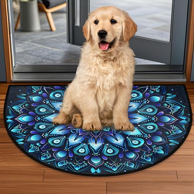 Half Round Door Mat Mandala Ethnic Flower Half Moon Rug Ethnic Mandala Washable Half Circle Area Rugs Indoor Entrance Non Slip Semi Circle Bathroom Rugs Floor Carpet for Kithen Bedroom Fireplace Decor