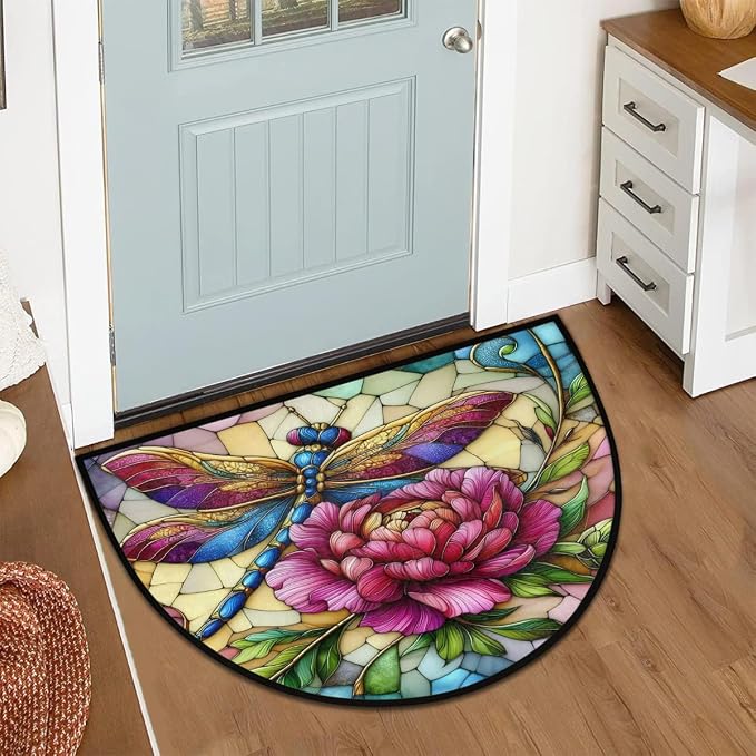 Pardick Half Round Doormat Butterfly Flower Colorful Semi Circle Rug Non Slip Indoor Outdoor Entrance Half Moon Rug Washable Front Floor Mat for Kitchen Bathroom Patio Fireplace Holiday Decor
