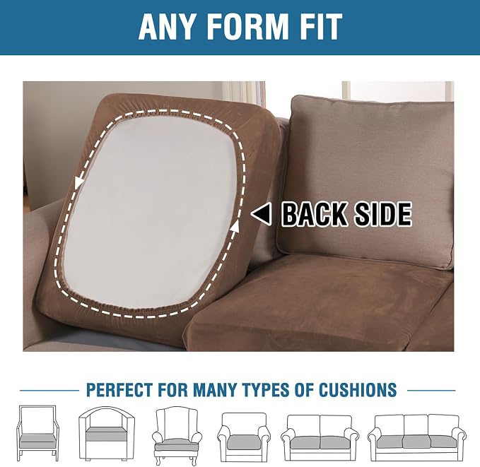 H.VERSAILTEX Velvet Stretch Couch Cushion Cover Plush Cushion Slipcover for Sofa Cushion Furniture Protector Seat Cushion Sofa Cover (3 Piece Sofa Cushion Covers, Caramel Cafe)