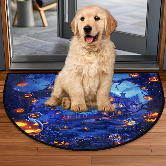 Pumpkin Half Round Door Mat Semi Moon Rug Fireplace Carpet Area Rugs | Halloween Pumpkin Non Slip Absorbent Half Circle Mat Carpet for Indoor Outdoor Patio Kitchen Bathroom Entryway Home Decor
