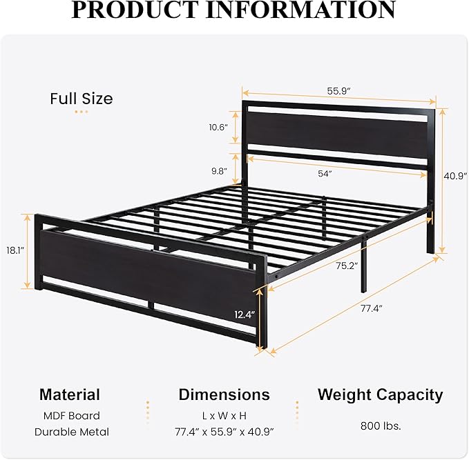 SHA CERLIN Heavy Duty Full Size Bed Frame with Modern Headboard, Black | Platform Metal Base with Square Footboard and 13 Strong Slats Support, No Box Spring Needed