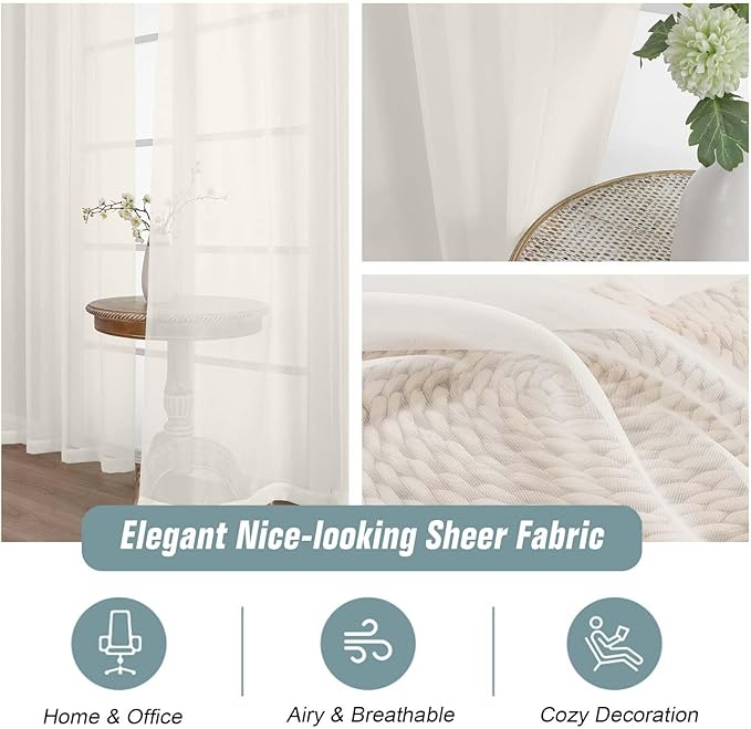 Ivory Window Sheer Curtains 54 inch Length, Soft Airy Light Filtering Sheer Curtain 2 Panels Set, Dual Rod Pocket Gauze Ivory Drapes for Living Room Bedroom, 2x42Wx54L Inches