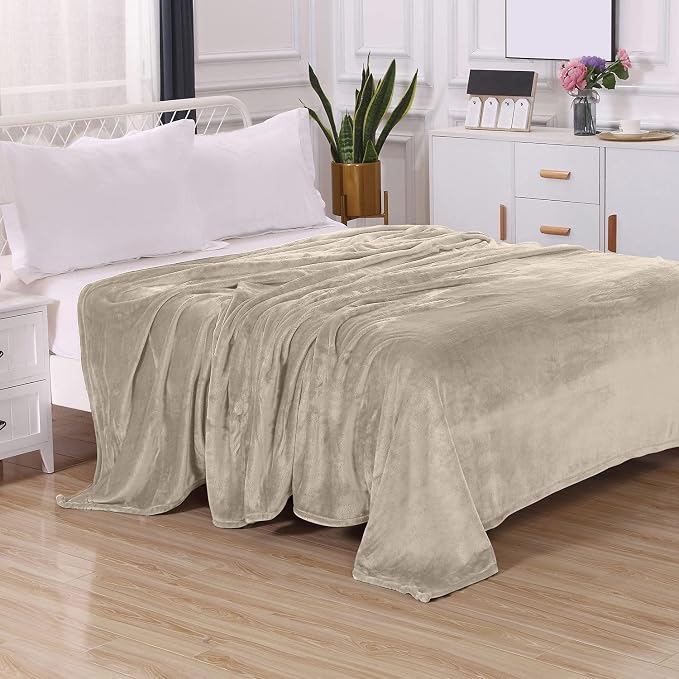 Elegant Comfort Luxury Velvety Feel Blanket, All-Season Lightweight Blanket, Ultra Plush, Soft, Cozy-Fuzzy Flannel Fleece for Couch, Sofa, Bed, Travel, Solid Design, Twin/Twin XL, Cream-Beige