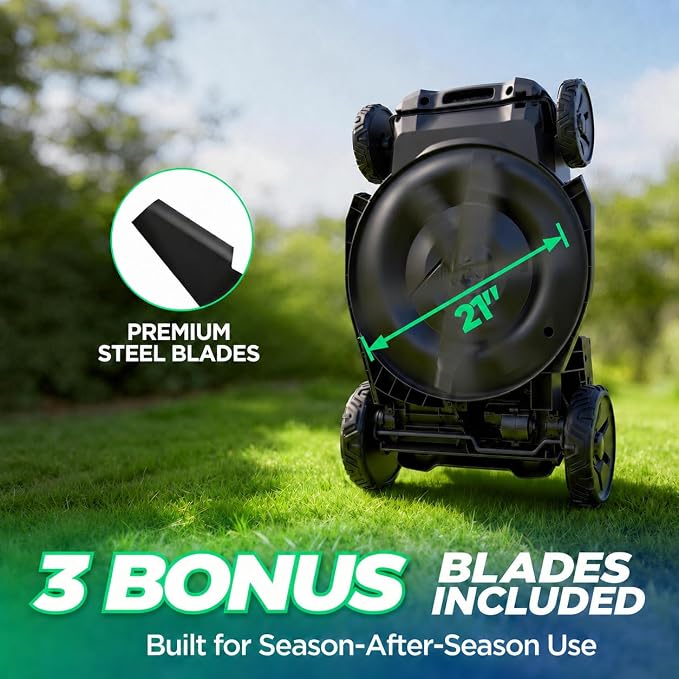 21" 40V Max Brushless Cordless Electric Push Lawn Mower | Includes two 20V Max 8.0Ah batteries and charger; 296Wh total rated energy and 3-in-1 mowing for medium-to-large yards.