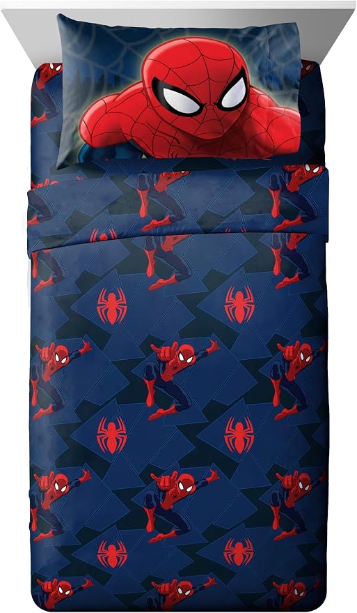 Jay Franco Kids Sheet Set with Fitted, Flat Sheets & Pillow Cover - Ultra-Soft Bedding with Pillowcase for Room Decor, Blue - Spiderman, 4 Piece Full