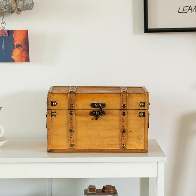 Vintiquewise Farmhouse Antique-Style Wood Treasure Chest with Leather Straps & Front Latch Decorative Storage Trunk for Trinkets Jewelry or Letters Rustic Accent for Home or Office Decor, Large