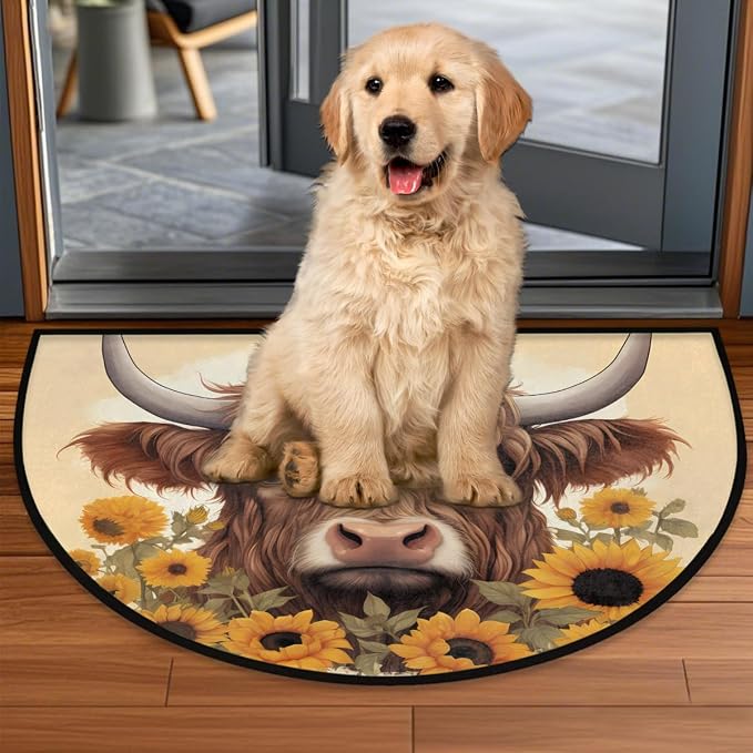 Half Round Door Mat Animal Highland Cow Sunflower Non-Slip Semi Circle Area Rug Washable Half Moon Hearth Rugs for Indoor Outdoor Bathroom Kitchen Patio Runner Mat Laundry Room Home Decoration