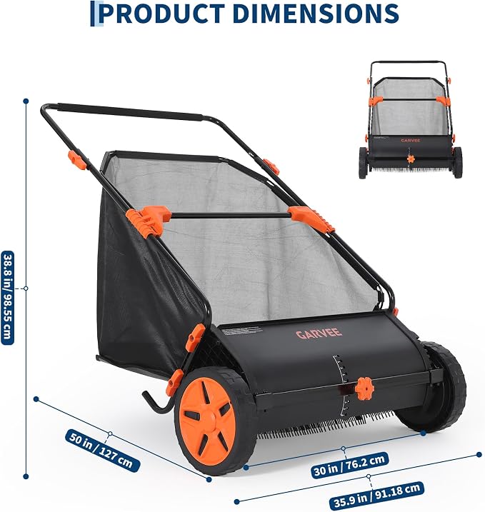 30 Inch Push Lawn Sweeper with Large 12 cu ft Collection Bag, Heavy Duty | Steel Frame, 10" Rubber Wheels, 4 Spinning Brushes, Manual Height Adjustment for Leaves Grass and Yard Debris, Black Orange