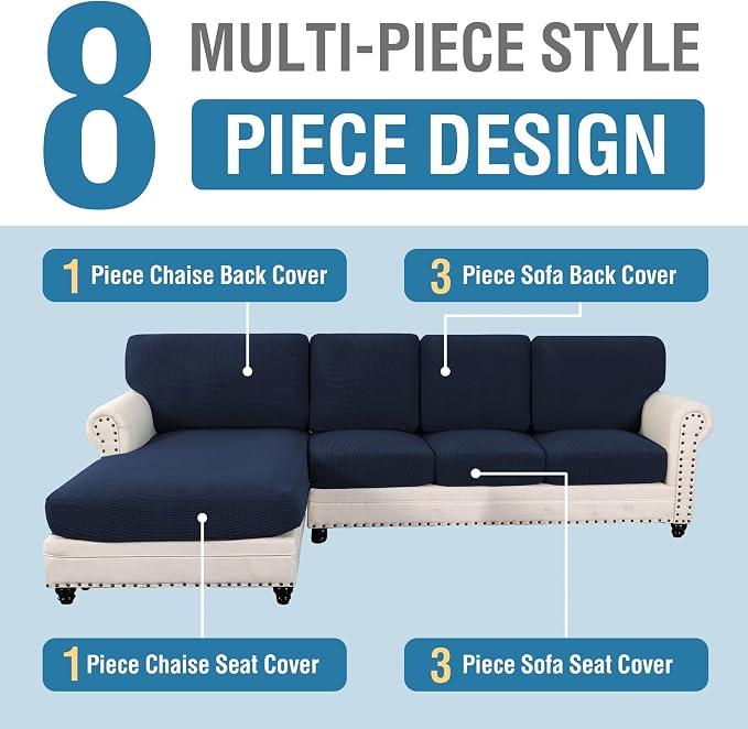 H.VERSAILTEX Sectional Couch Covers 8 Pieces Stretch Sofa Covers for Sectional Sofa Set Separate L Shaped Couch Cover for Both Left/Right Couch (Seat and Back: 1 Chaise + 3 Sofa, Navy)