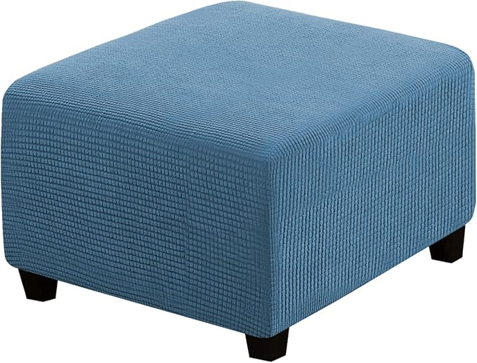 H.VERSAILTEX Square Ottoman Covers Ottoman Slipcovers Folding Storage Stool Furniture Protector Form Fit with Elastic Bottom, Stretch High Spandex Small Checks Jacquard Fabric(Large,Dusty Blue)